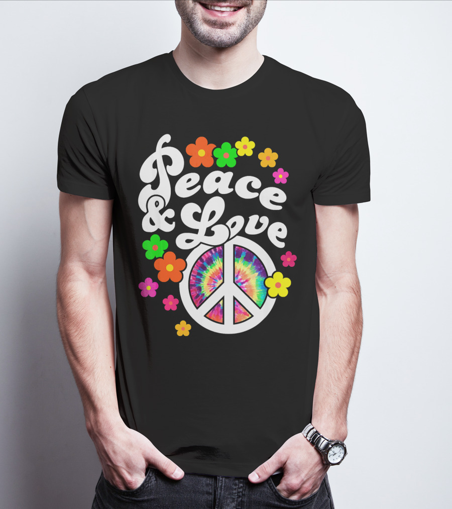 Peace And Love Hippie Sign With Colorful Flower T-Shirt