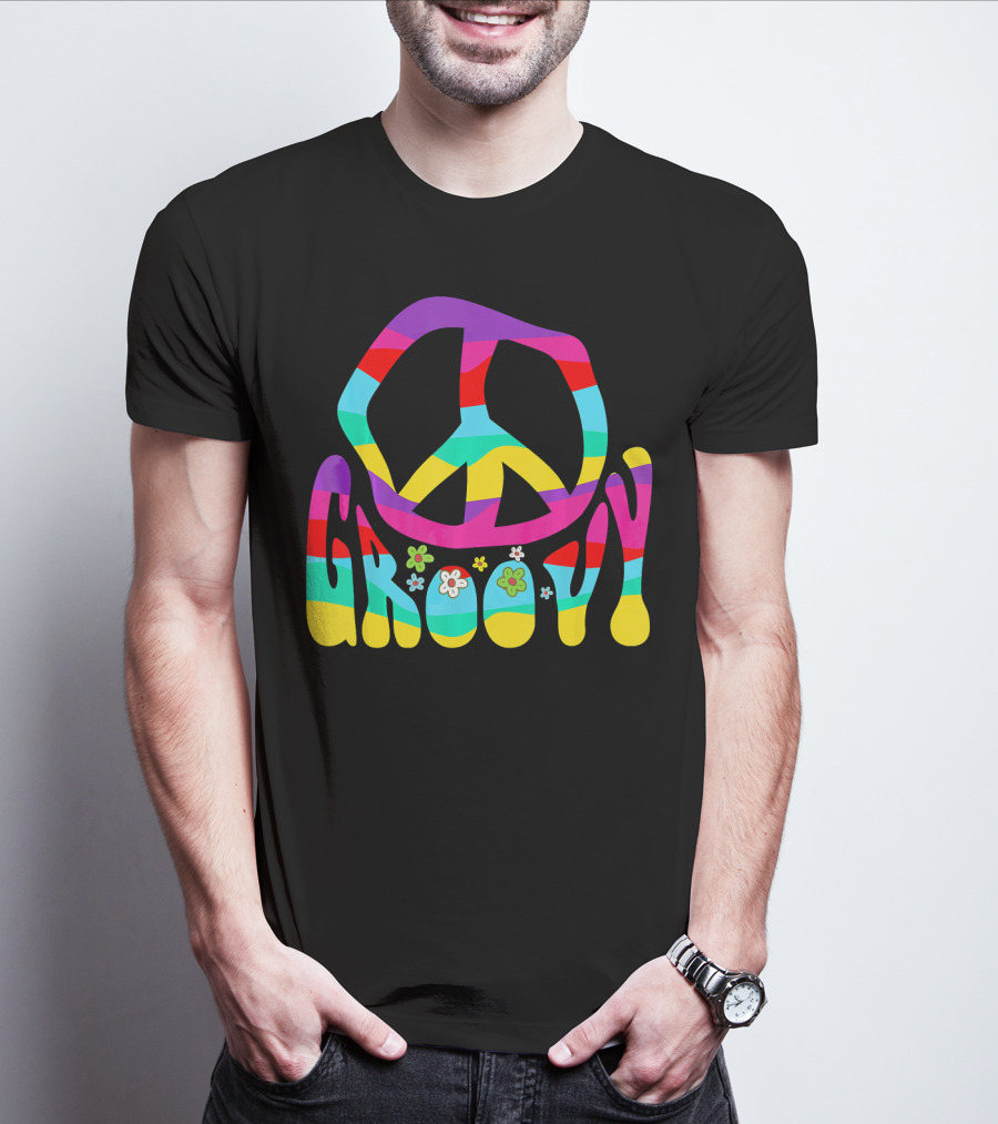 Groovy Rainbow Colorful Peace Sign Symbol With Flowers 60s 70s T-Shirt