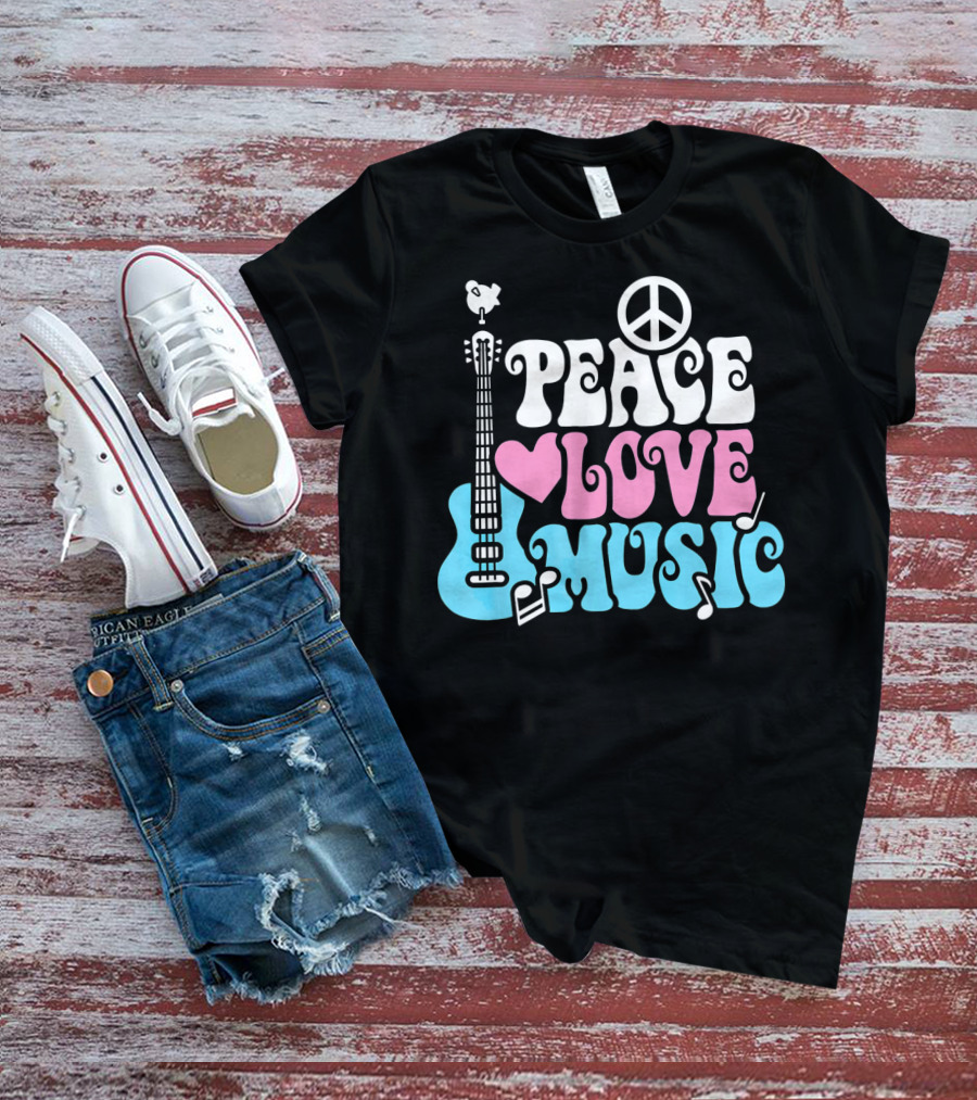 Peace Love Music Pastels With Guitar And Peace T-Shirt