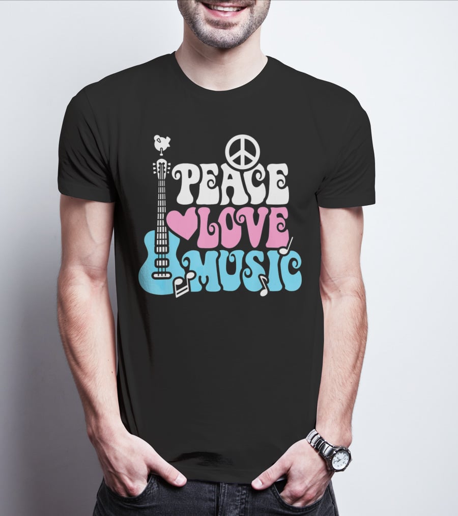 Peace Love Music Pastels With Guitar And Peace T-Shirt
