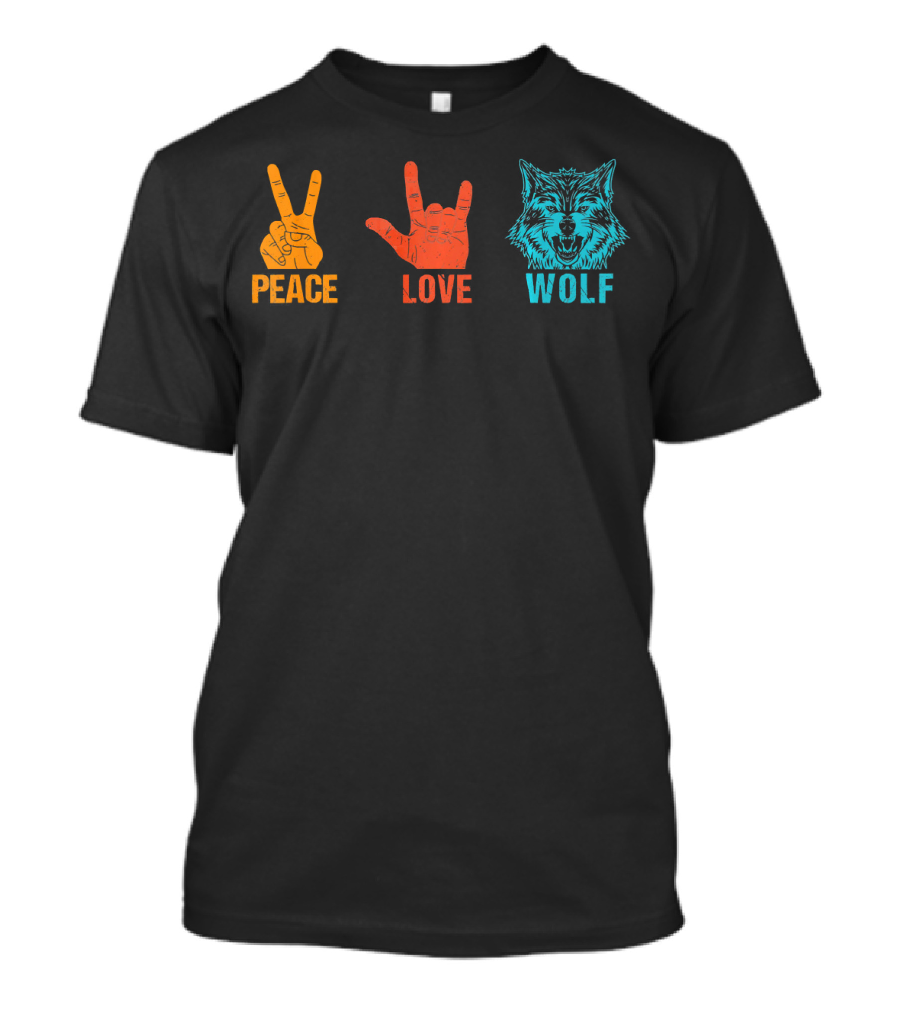 Peace Love Wolf Hand Signs Vintage Wolf Head T-Shirt