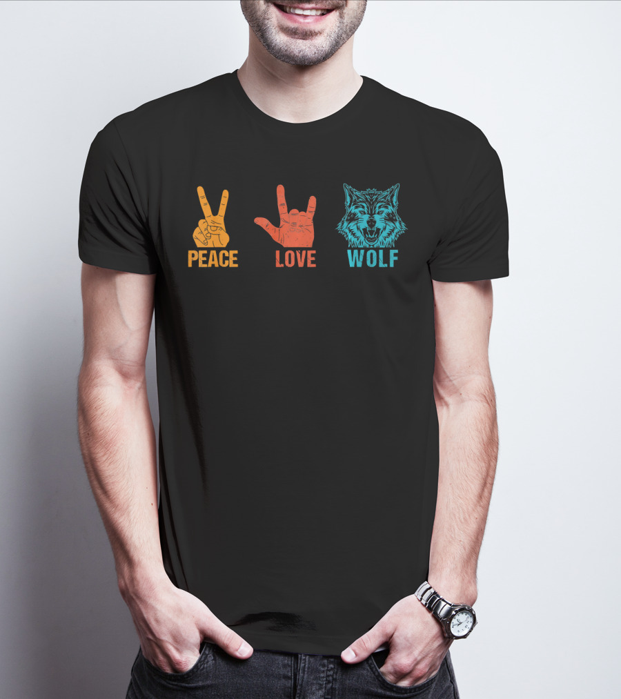 Peace Love Wolf Hand Signs Vintage Wolf Head T-Shirt