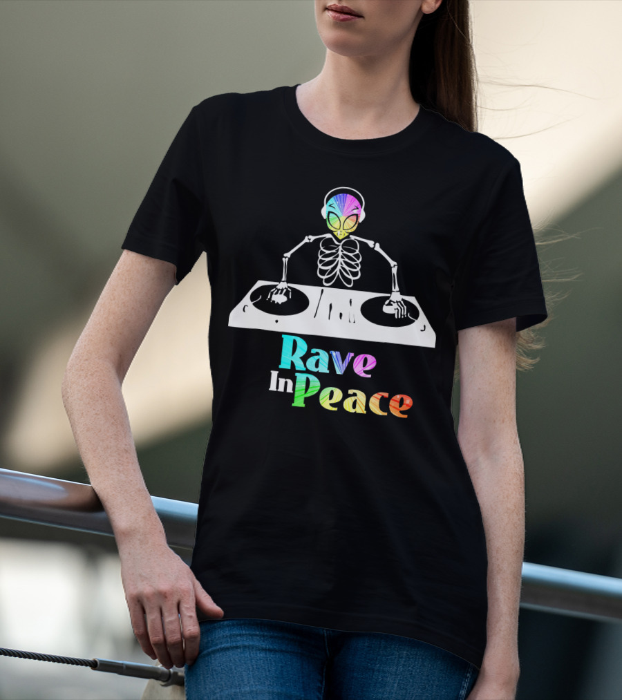 Rave In Peace Colorful DJ Alien Skeleton T-Shirt