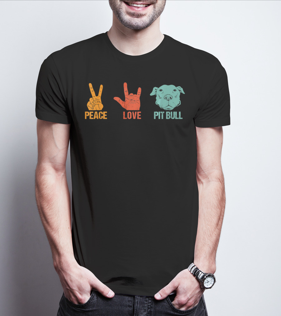 Peace Love Pit Bull Vintage Hand Signs Dog T-Shirt