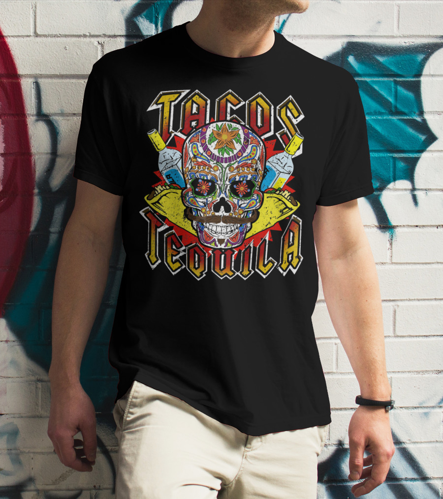 Tacos Tequila Sugar Skull Vintage Mexican T-Shirt