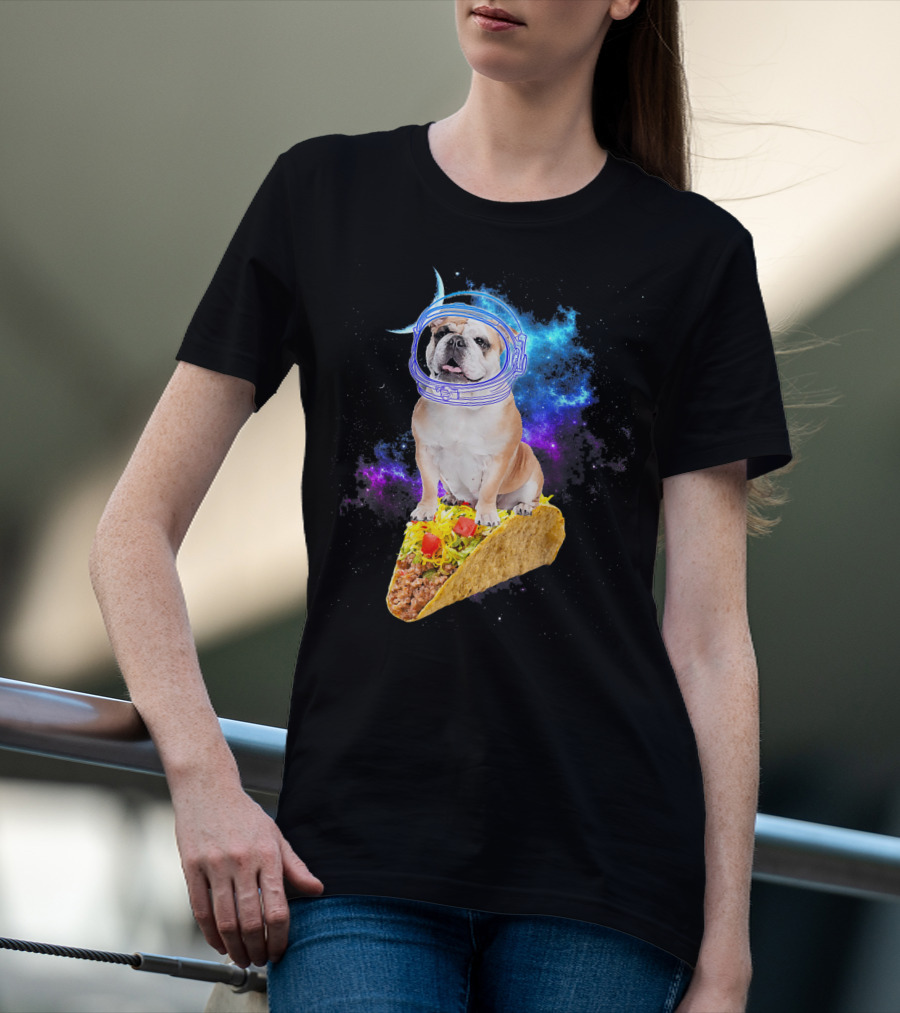 Space English Bulldog Astronaut Riding Taco In Galaxy T-Shirt