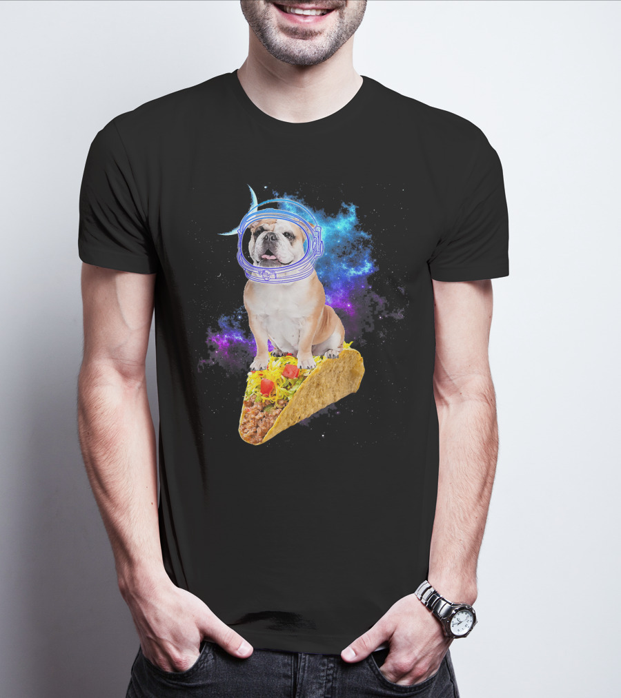 Space English Bulldog Astronaut Riding Taco In Galaxy T-Shirt