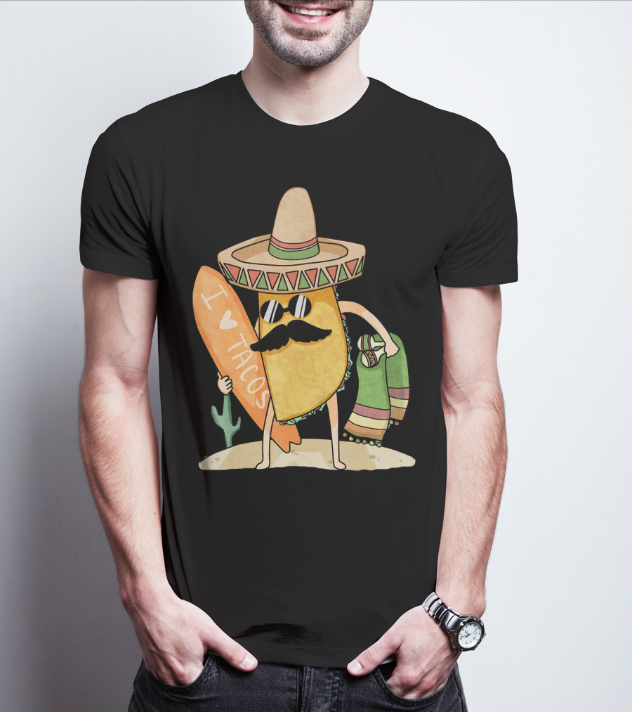I Love Tacos Funny Mexican Surfing Beach T-Shirt