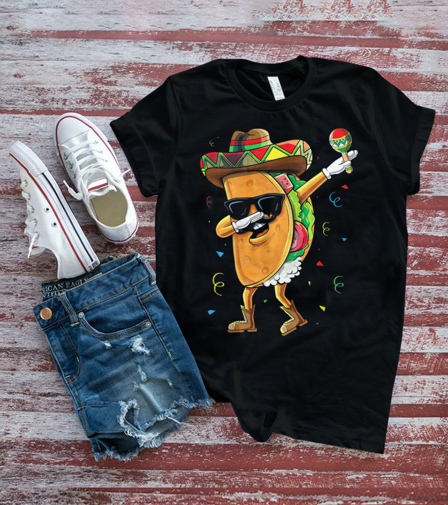 Dabbing Cool Taco Mexican Spanish Food Sombrero Maracas T-Shirt