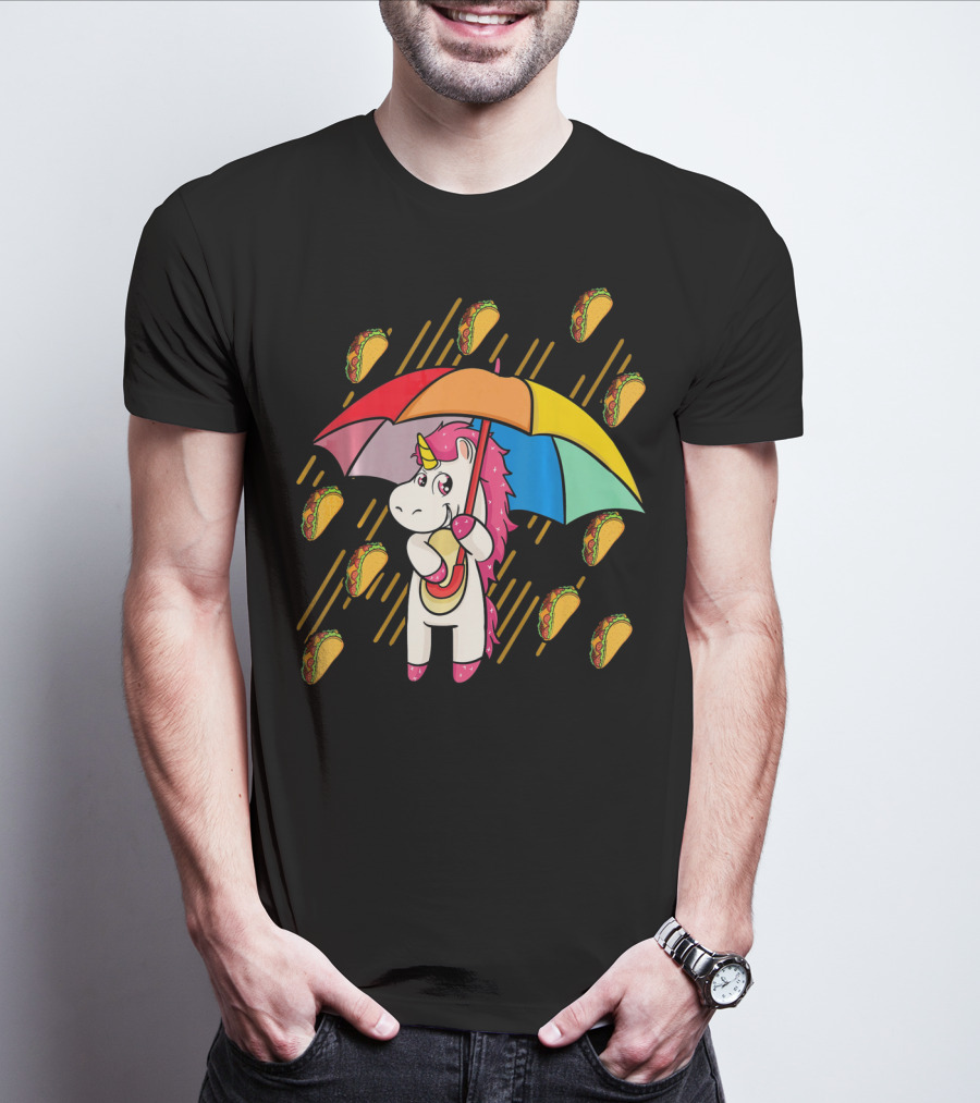 Raining Tacos Unicorn With Rainbow Umbrella T-Shirt