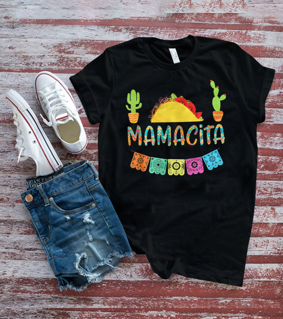 Mamacita Taco Mexican Fiesta Cactus With Colorful Papel Picado Banners T-Shirt