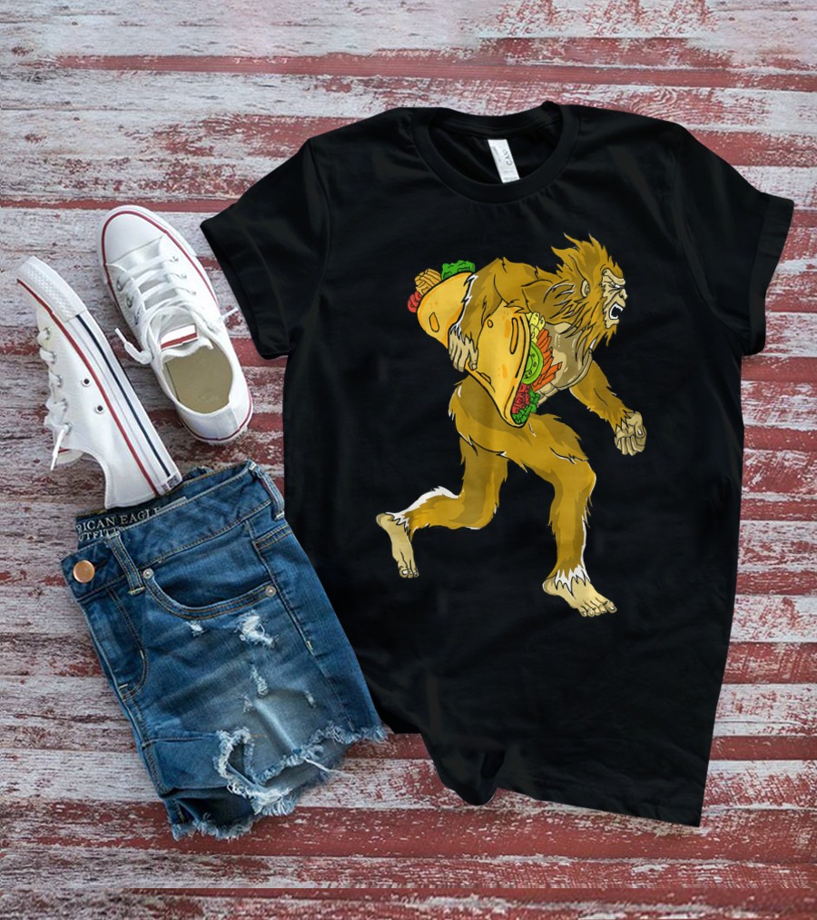 Bigfoot Running With Giant Taco In Hand For Exercise Scene T-Shirt