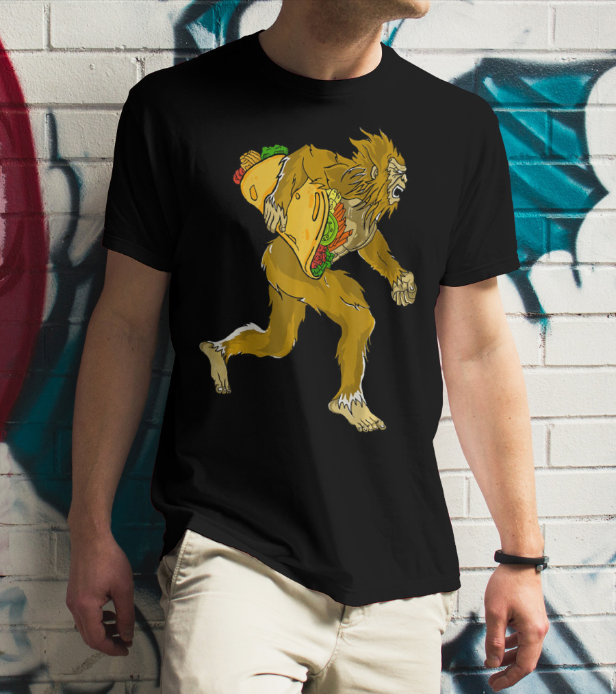 Bigfoot Running With Giant Taco In Hand For Exercise Scene T-Shirt