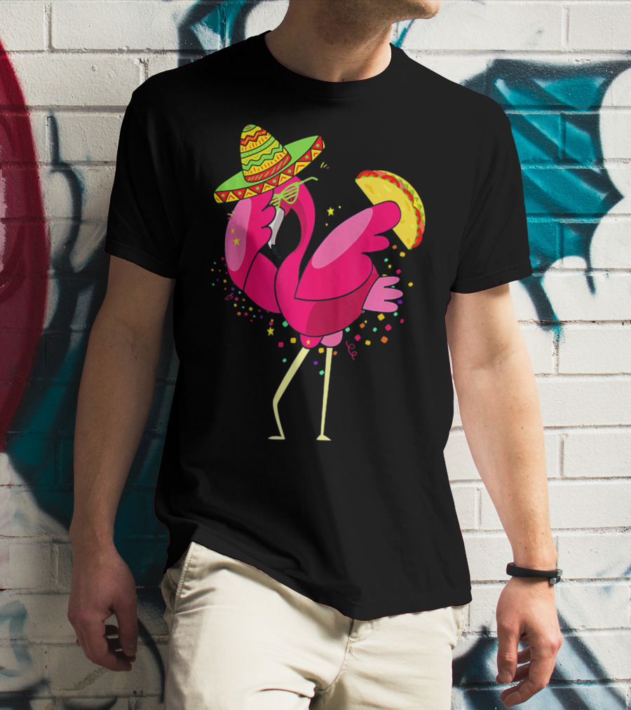 Funny Flamingo Dabbing With Taco Sombrero Cinco De Mayo T-Shirt
