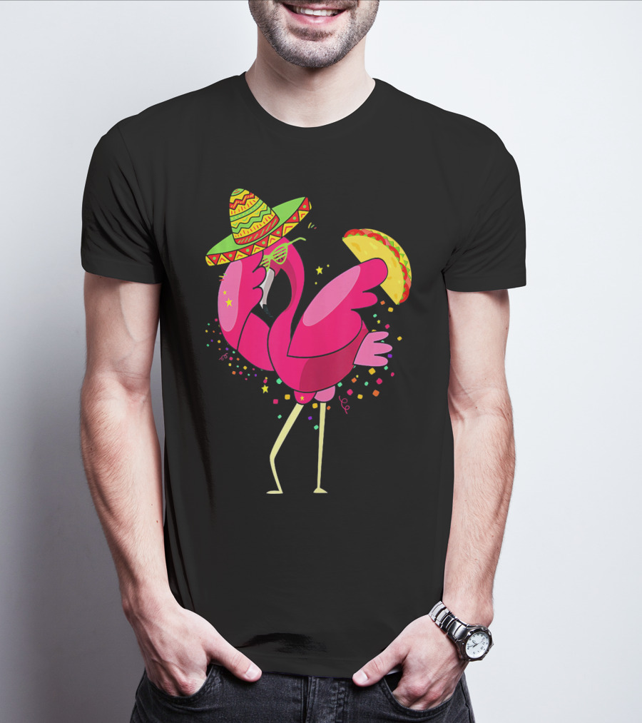 Funny Flamingo Dabbing With Taco Sombrero Cinco De Mayo T-Shirt