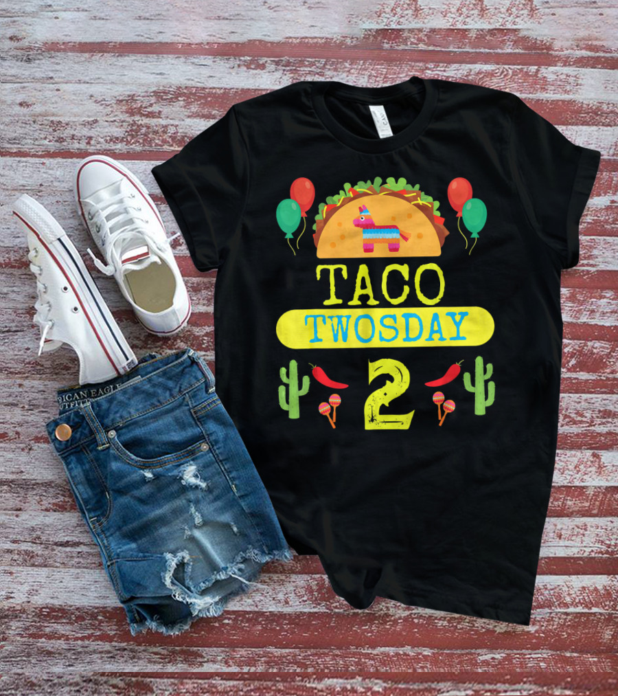 Taco Twosday Kids Birthday Party With Cactus And Piñata Balloons Tuesday T-Shirt