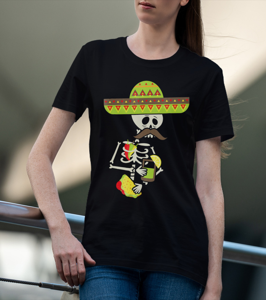 Mexican Skeleton Sombrero Holding Tequila Chili Tacos T-Shirt