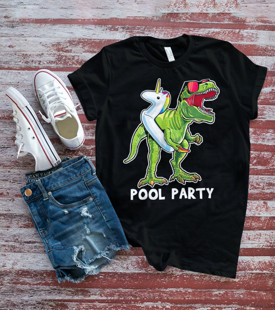 Pool Party Rex Dinosaur With Unicorn Float And Sunglasses T-Shirt