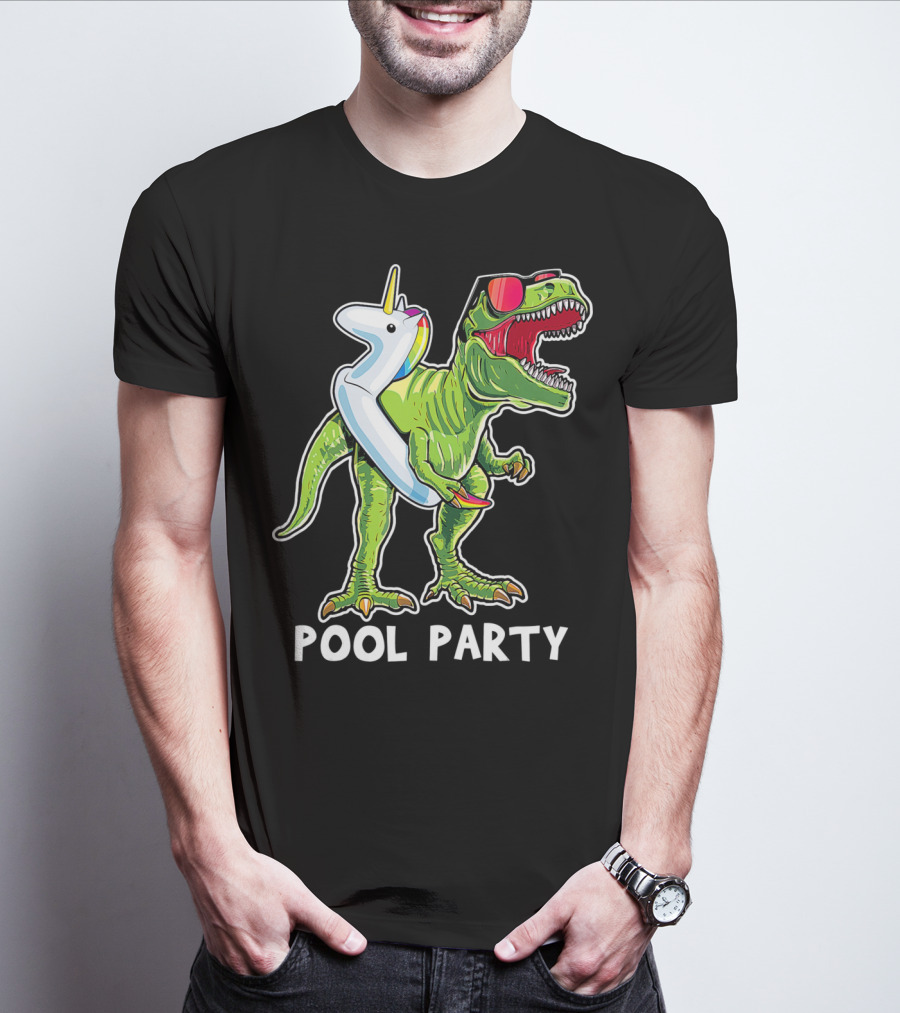 Pool Party Rex Dinosaur With Unicorn Float And Sunglasses T-Shirt