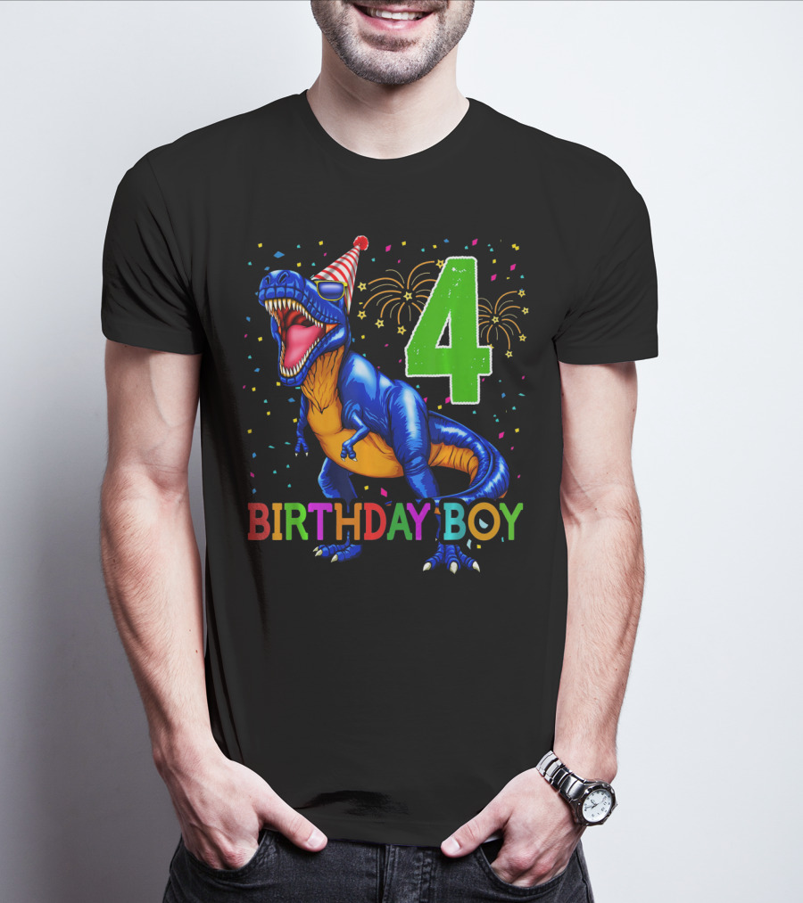 Birthday Boy 4 Dinosaur Party Hat Fireworks T-Shirt