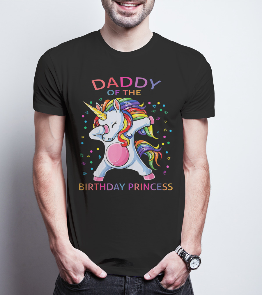 Daddy Of The Birthday Princess Unicorn Dabbing With Colorful Confetti T-Shirt