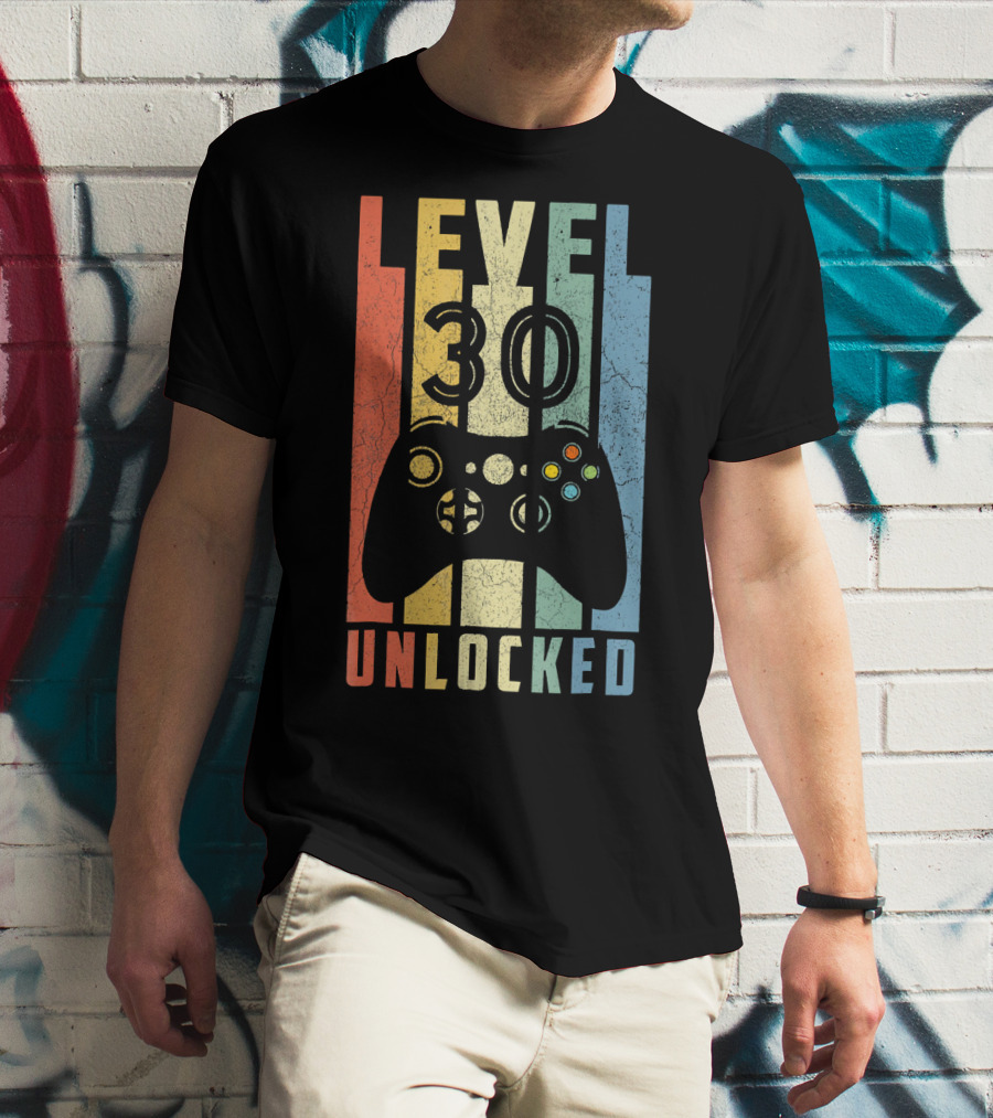 Level 30 Unlocked Video Game Controller Retro Stripes T-Shirt