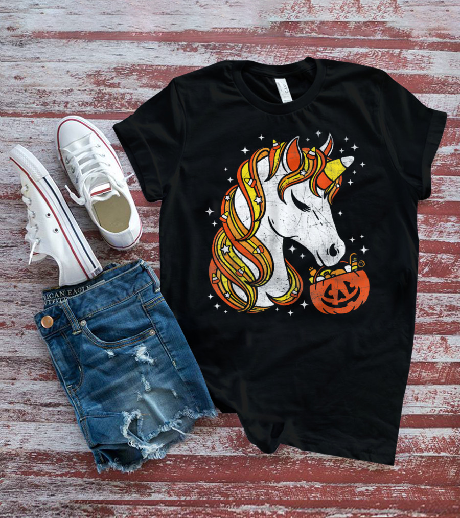 Candy Corn Unicorn With Jack-O'-Lantern Stars Halloween Top T-Shirt