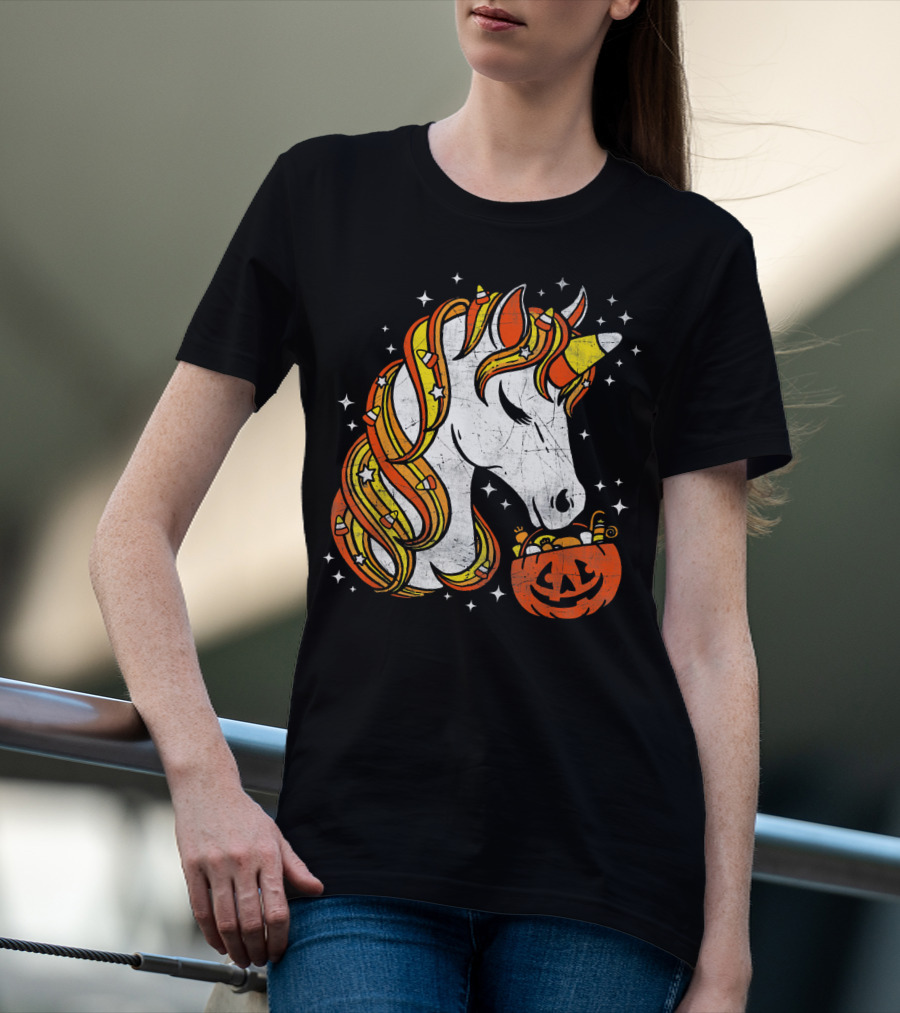 Candy Corn Unicorn With Jack-O'-Lantern Stars Halloween Top T-Shirt