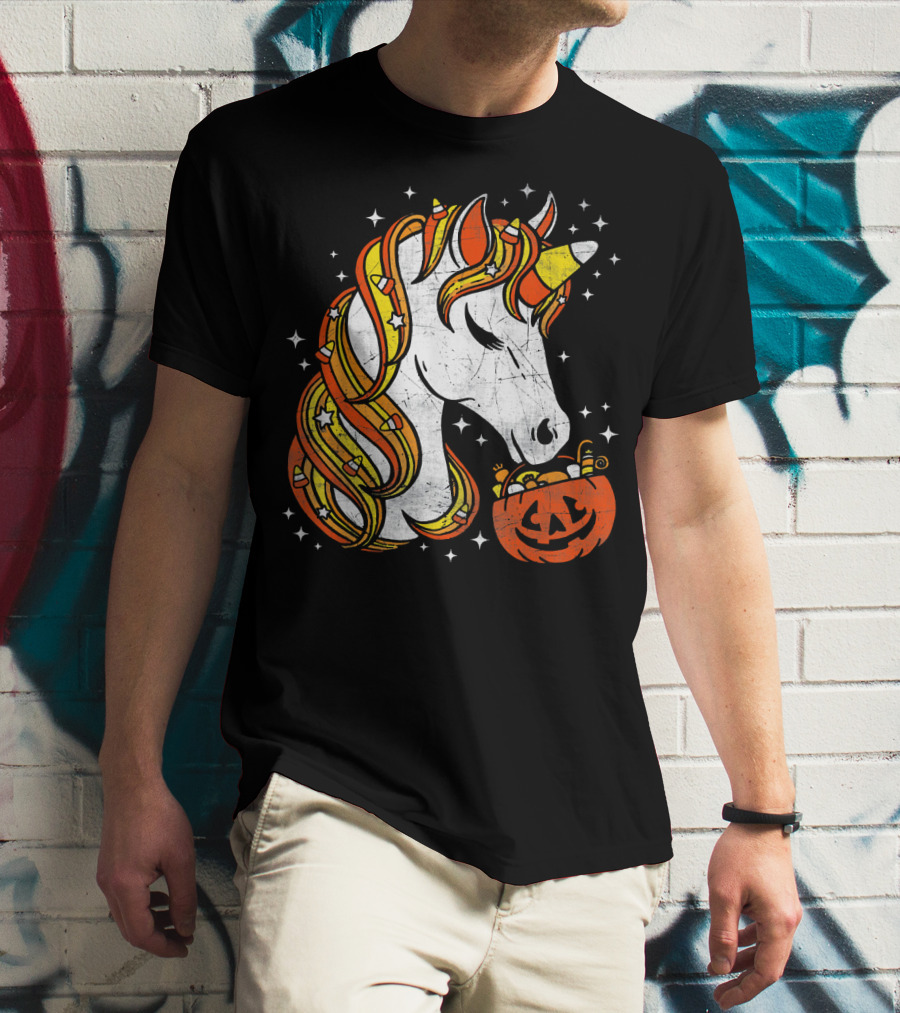 Candy Corn Unicorn With Jack-O'-Lantern Stars Halloween Top T-Shirt