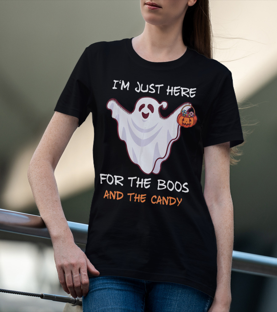 I'm Just Here For The Boos Ghost Holding Pumpkin Candy T-Shirt