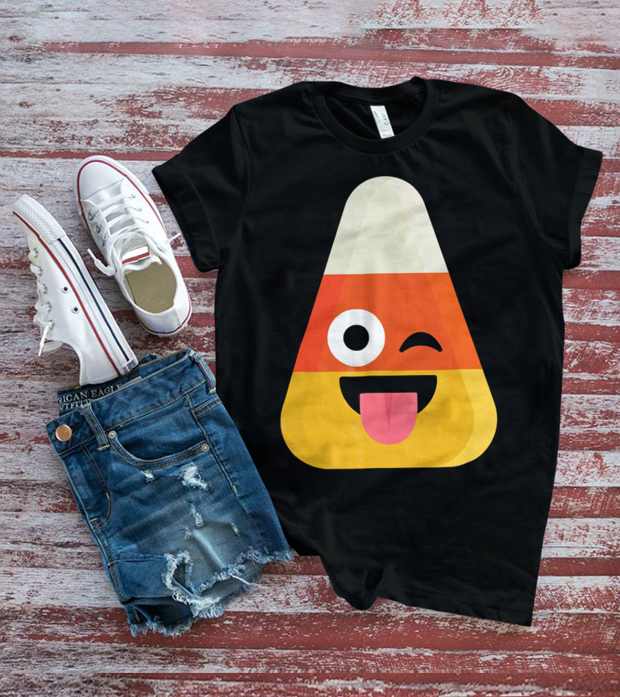 Candy Corn Emoji Wink Tongue Out Face T-Shirt