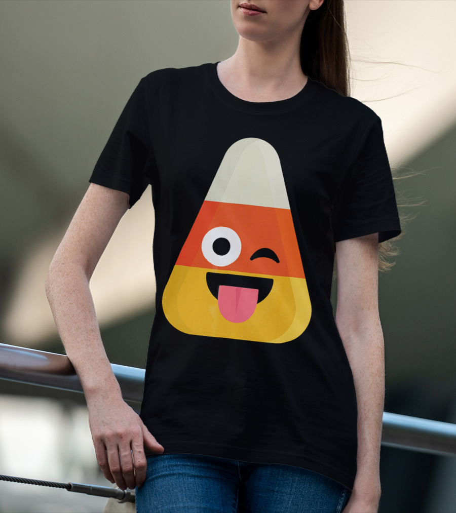 Candy Corn Emoji Wink Tongue Out Face T-Shirt