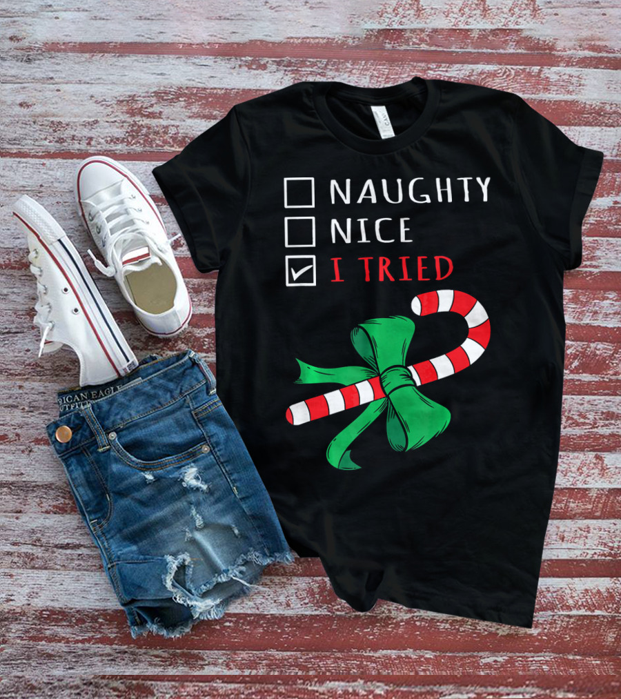 Naughty Nice I Tried Candy Cane Bow T-Shirt