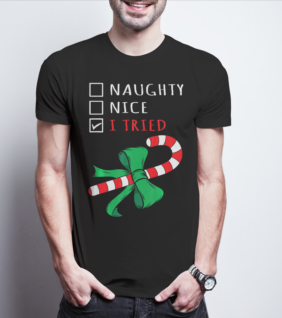 Naughty Nice I Tried Candy Cane Bow T-Shirt