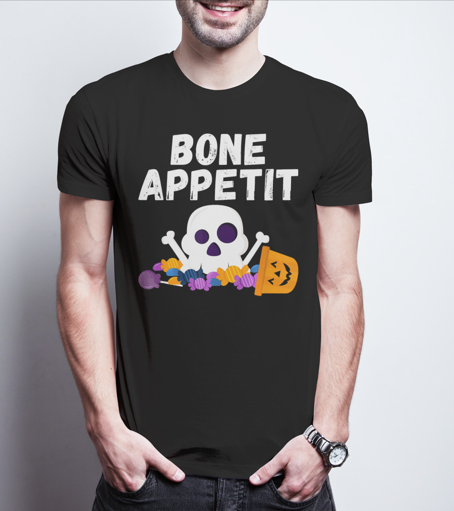 Bone Appetit Funny Skull Halloween Candy Pumpkin Chef Pun T-Shirt