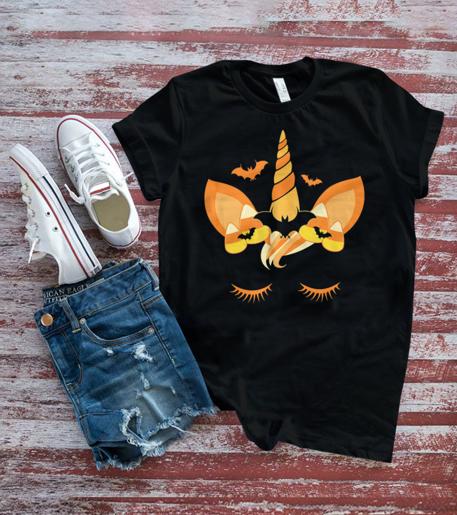 Halloween Unicorn Candy Corn Bat Ears Eyelashes T-Shirt