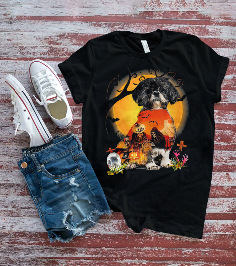 Shih Tzu Halloween Night With Pumpkins, Ghosts, And Full Moon T-Shirt