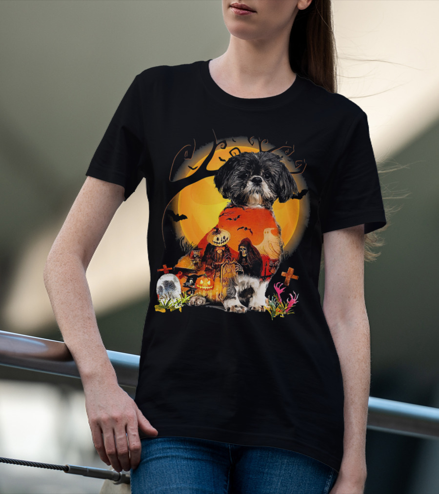 Shih Tzu Halloween Night With Pumpkins, Ghosts, And Full Moon T-Shirt