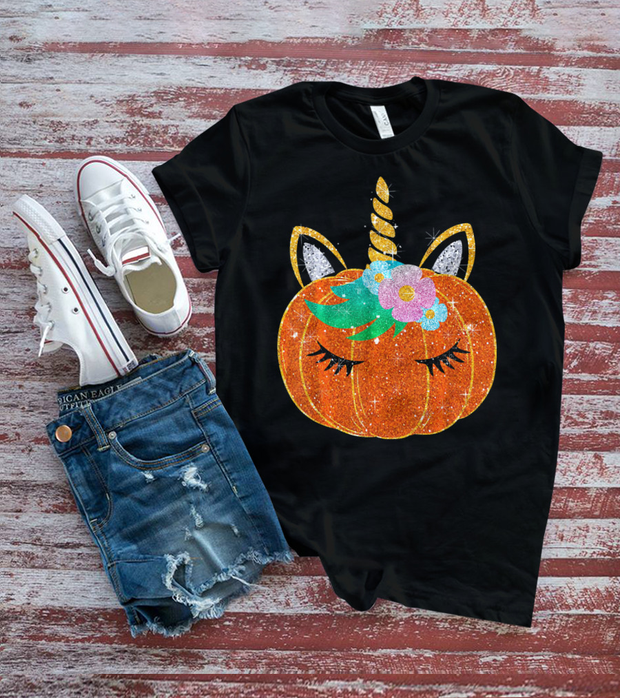 Sparkly Unicorn Pumpkin Halloween T-Shirt