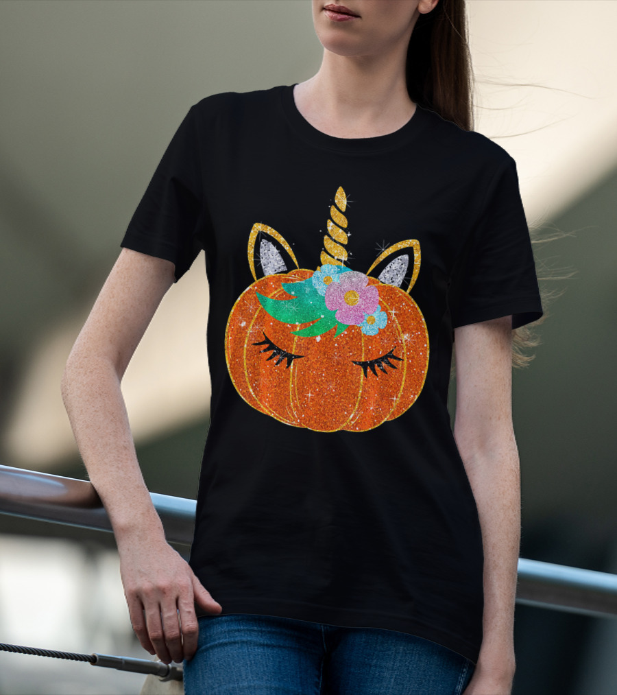 Sparkly Unicorn Pumpkin Halloween T-Shirt