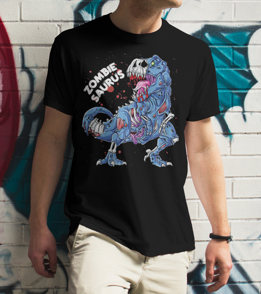 Zombie Saurus Halloween Kids Dinosaur Skeleton Blue T-Shirt