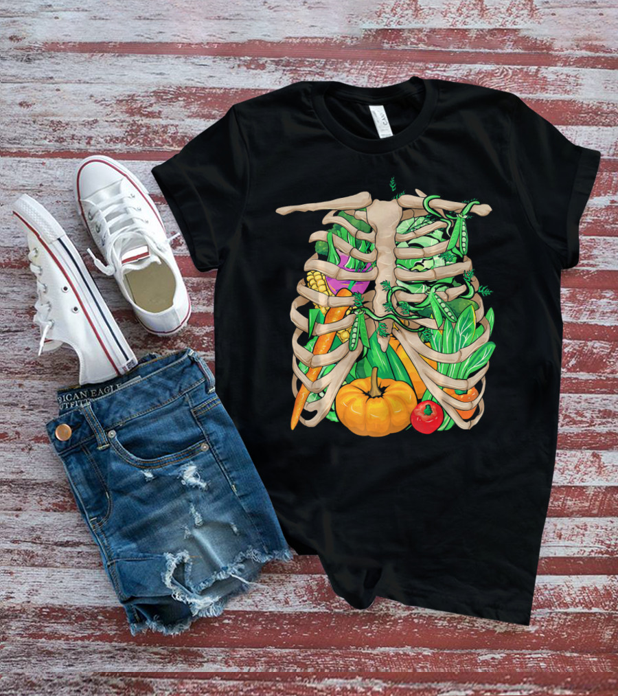 Cool Vegetable Skeleton Halloween Costume Vegetables Ribs Pumpkin Peas Corn Carrot T-Shirt