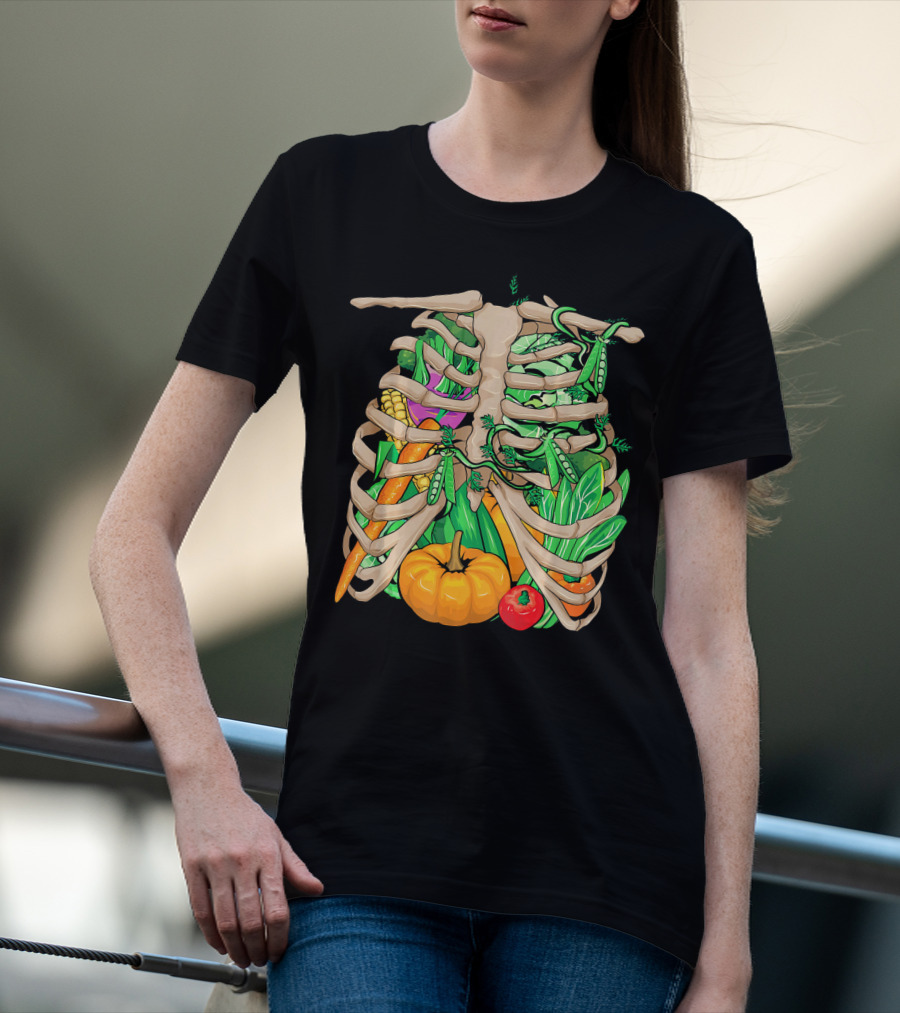 Cool Vegetable Skeleton Halloween Costume Vegetables Ribs Pumpkin Peas Corn Carrot T-Shirt