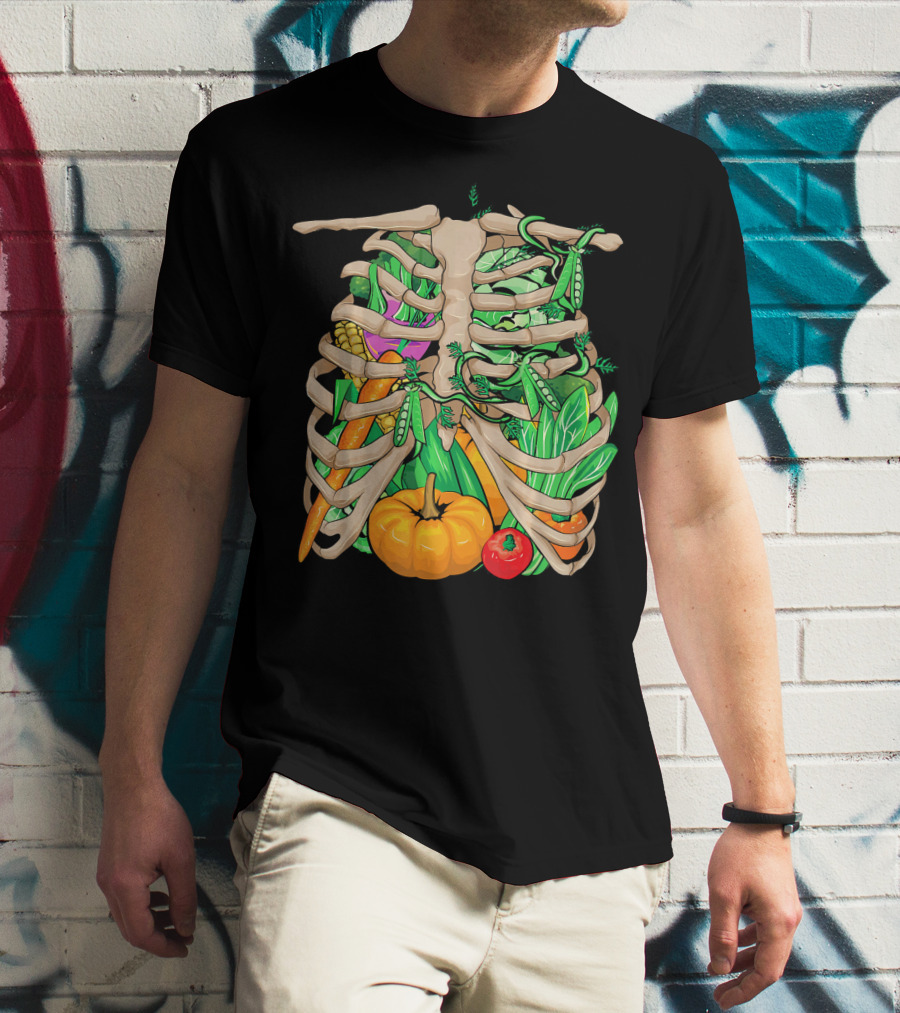 Cool Vegetable Skeleton Halloween Costume Vegetables Ribs Pumpkin Peas Corn Carrot T-Shirt