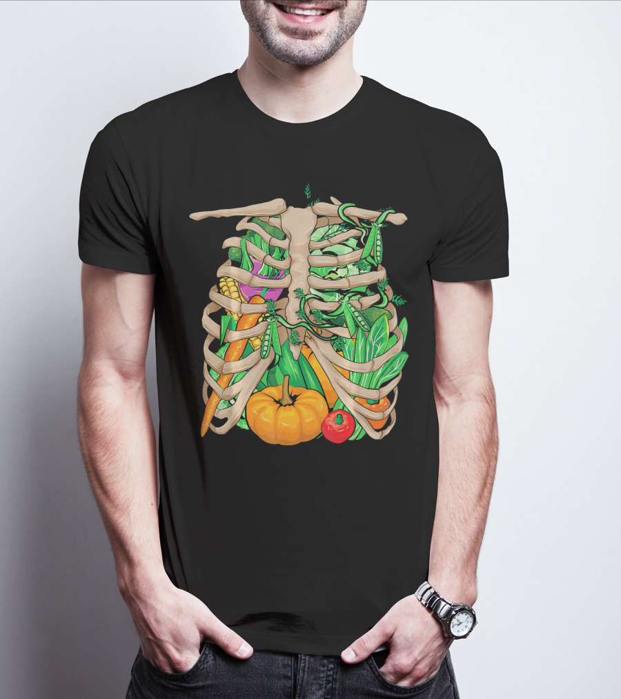 Cool Vegetable Skeleton Halloween Costume Vegetables Ribs Pumpkin Peas Corn Carrot T-Shirt