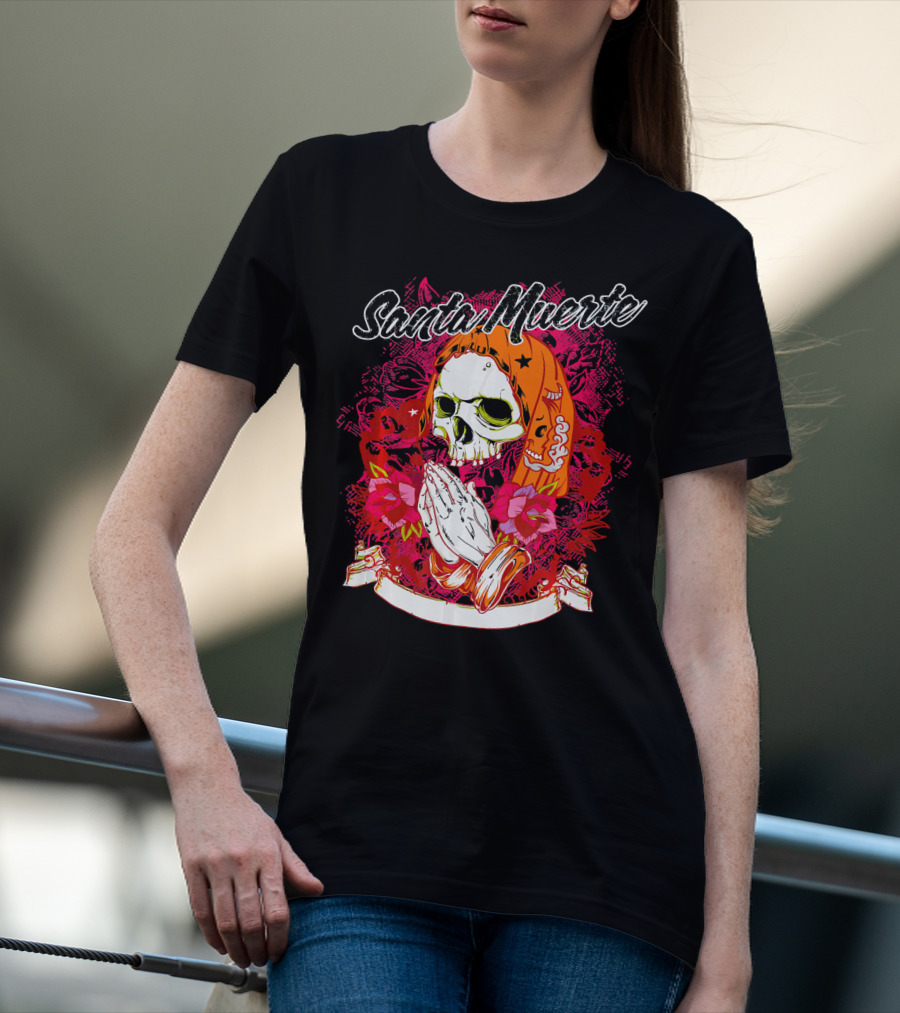 Santa Muerte Mexican Day Of The Dead Praying Skull With Flowers T-Shirt