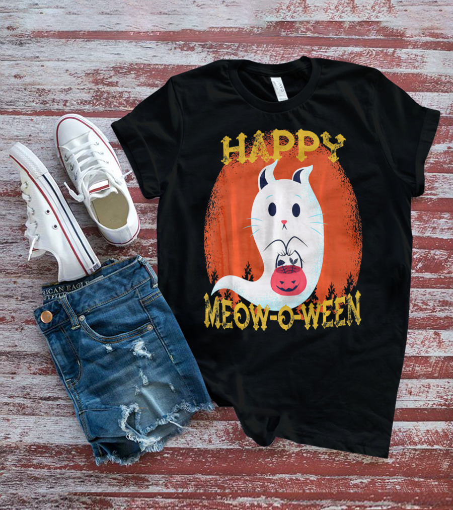 Happy Meow O Ween Cat Ghost With Pumpkin Bag T-Shirt