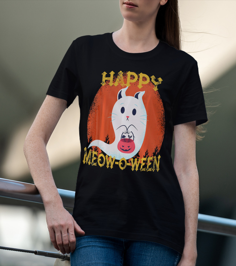 Happy Meow O Ween Cat Ghost With Pumpkin Bag T-Shirt