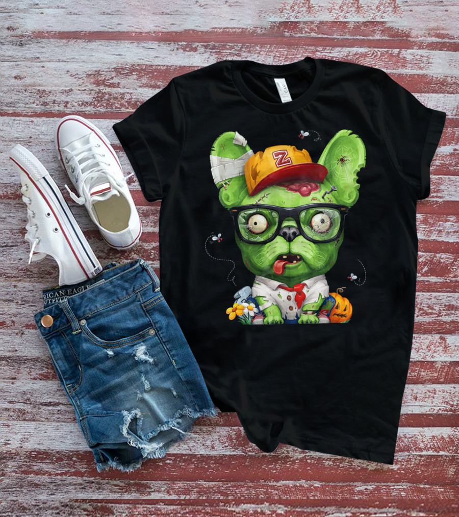 French Bulldog Wearing Zombie Glasses Halloween Hat T-Shirt