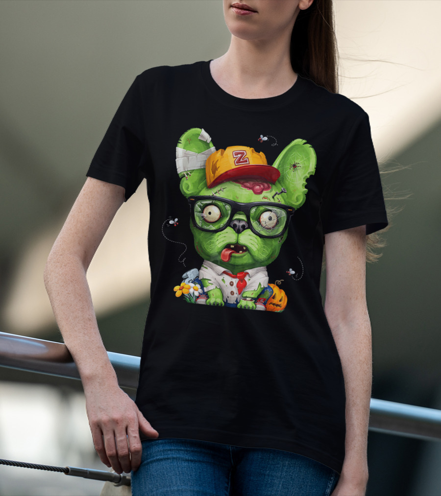 French Bulldog Wearing Zombie Glasses Halloween Hat T-Shirt